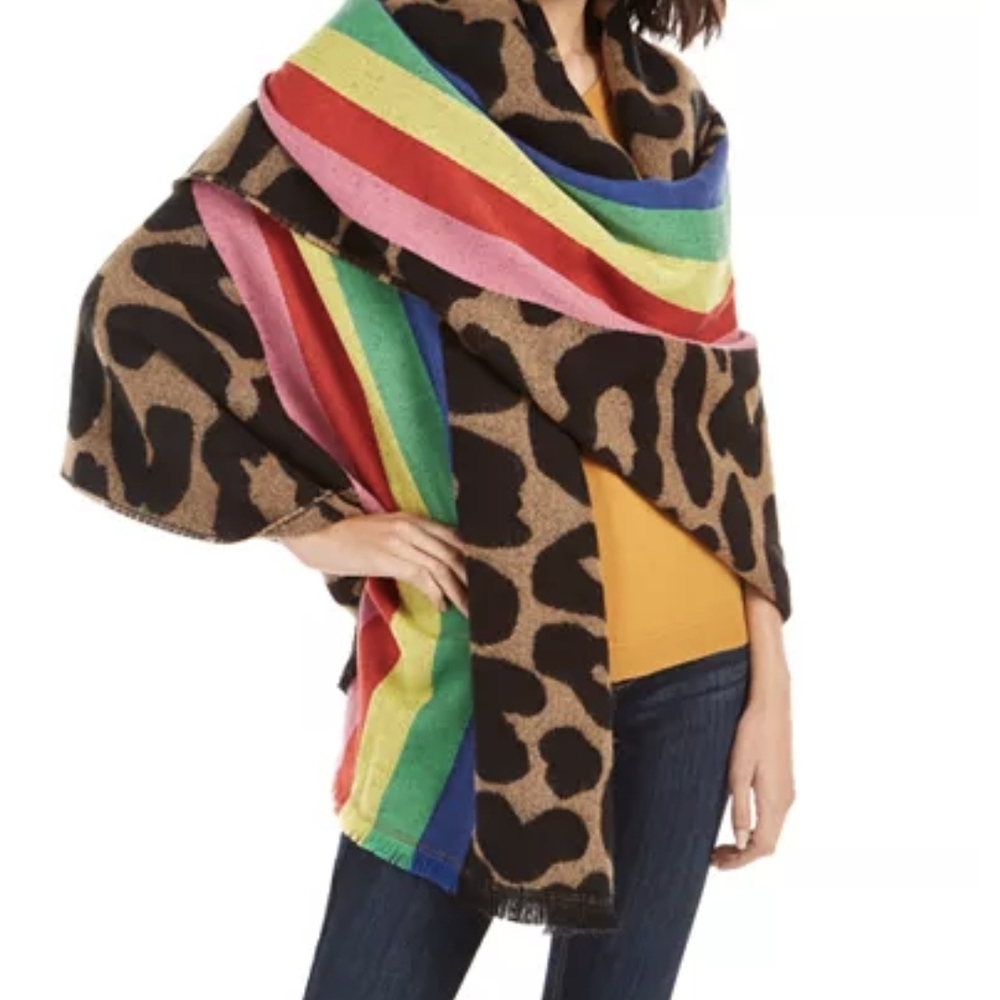 Leopard Print Rainbow Striped Shawl